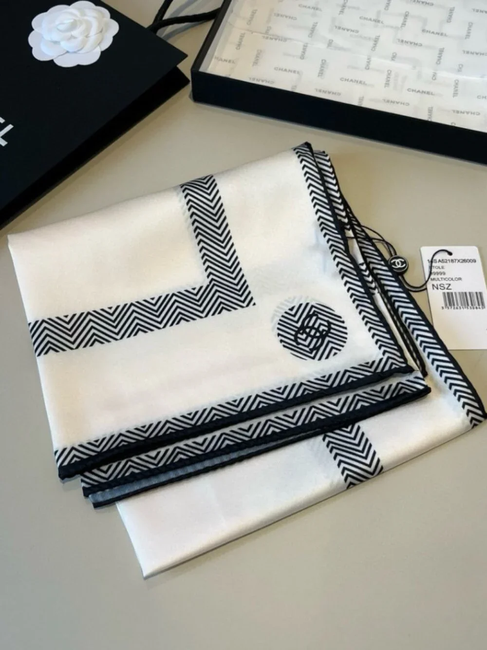 CHANEL Ivory Chevron CC Silk Scarf